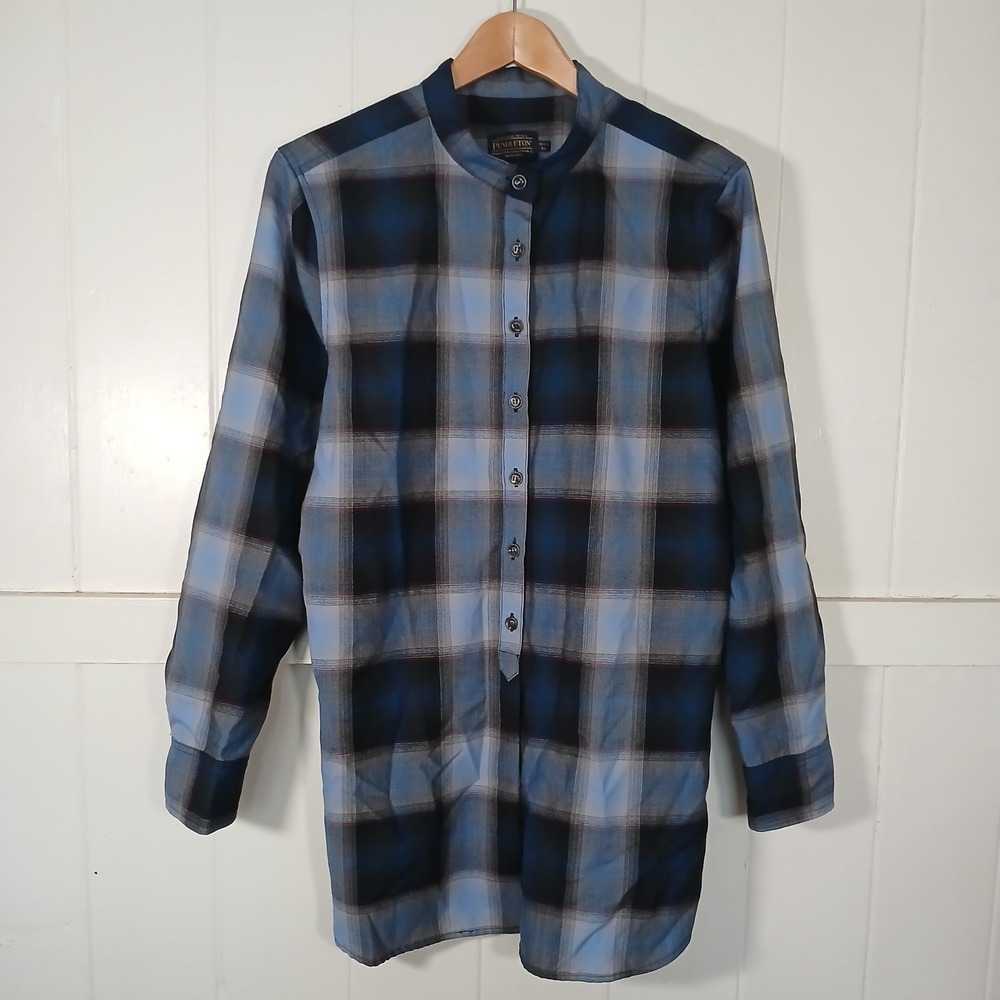 Pendleton Band Collar Wool Plaid Tunic Women Petite XL Blue Long Sleeve ag Y